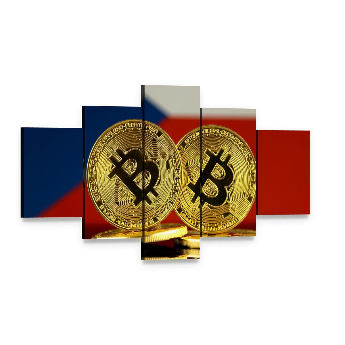 Stacked Bitcoin Coins with Czech Flag Canvas Wall Art, 5 panel 5 Star layout gallery wrapped canvas set, angled product view