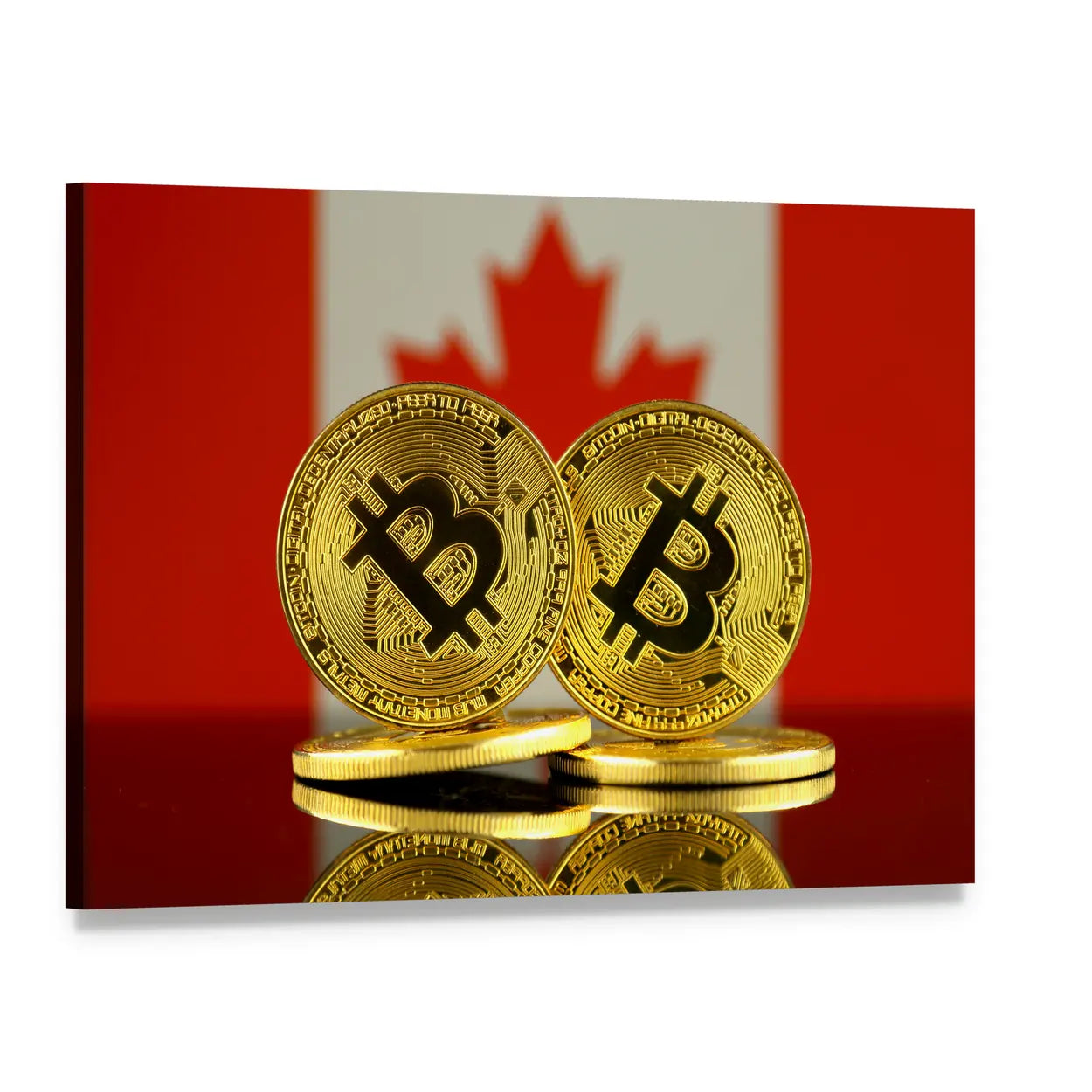 Canadian Flag with Bitcoin Coins Canvas Wall Art, single panel gallery wrapped canvas, angled product view