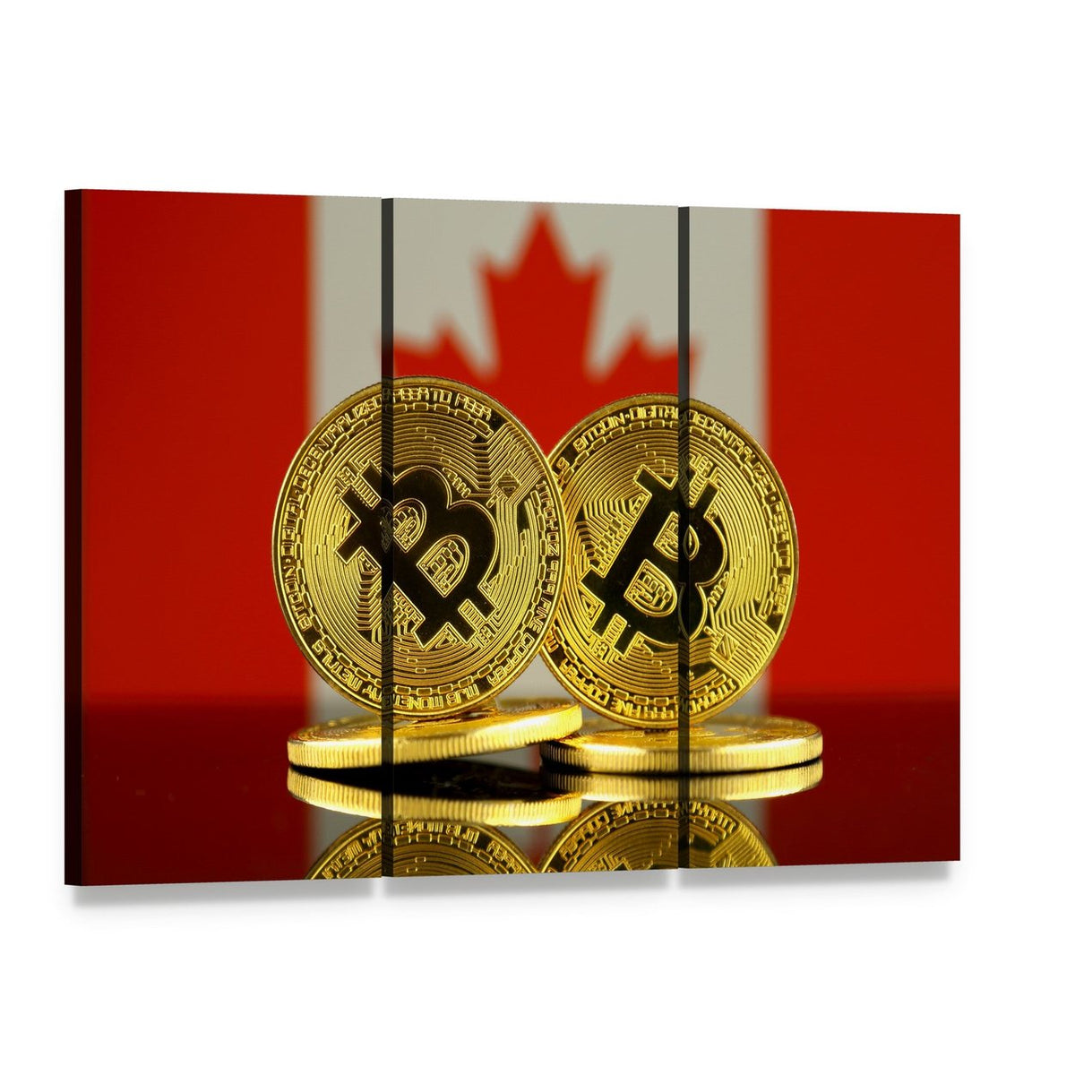 Two Stacked Bitcoin Coins on Canadian Flag Canvas Wall Art, 3 panel 3 Horizontal layout gallery wrapped canvas set, angled product view