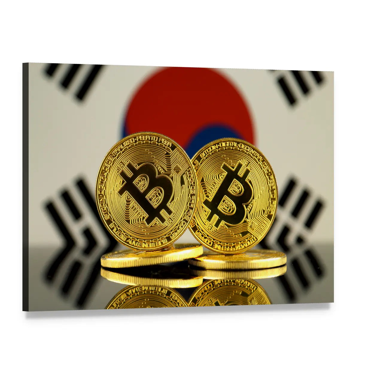 Bitcoin Coins Over South Korea Flag Canvas Wall Art, single panel gallery wrapped canvas, angled product view