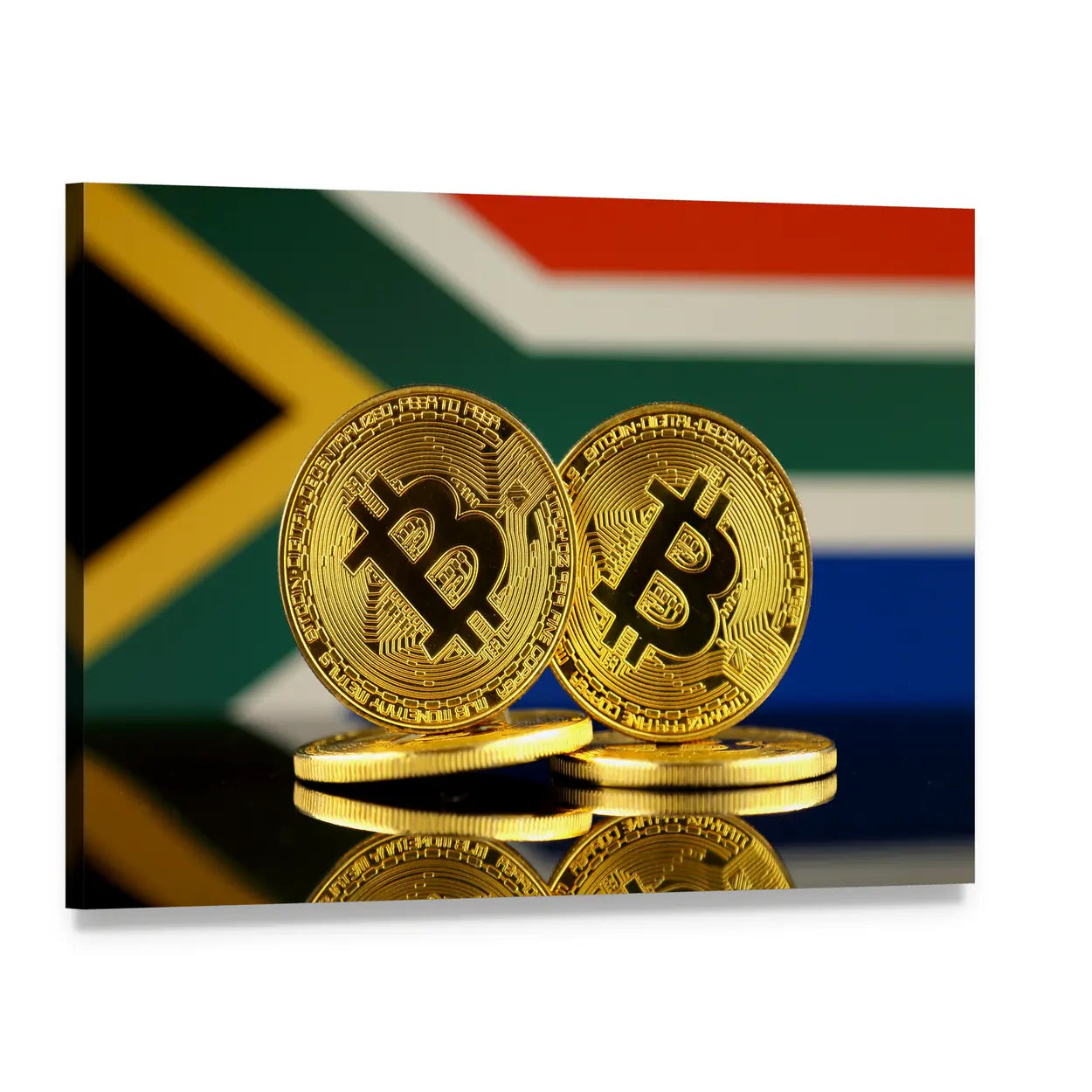 South African Flag with Bitcoin Coins Canvas Wall Art, single panel gallery wrapped canvas, angled product view