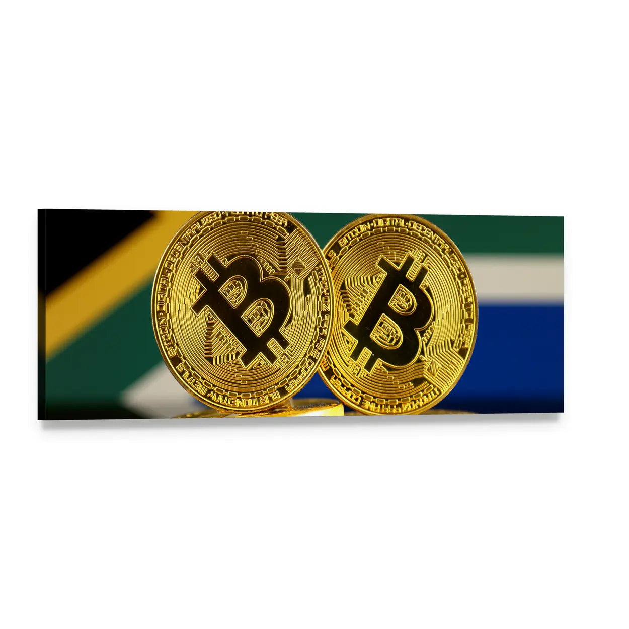 Bitcoin Coins with South African Flag Panoramic Canvas Wall Art, single panel gallery wrapped canvas, angled product view