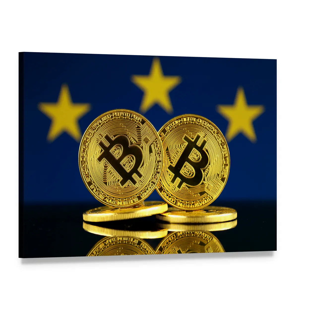 Bitcoin Coins on European Union Flag Canvas Wall Art, single panel gallery wrapped canvas, angled product view