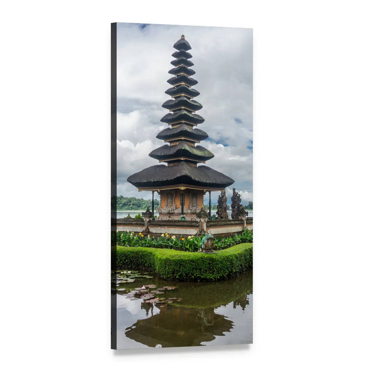 Balinese Meru Hindu Temple Reflection Vertical Canvas Wall Art, 1 panel 1 Vertical layout gallery wrapped canvas set, angled product view