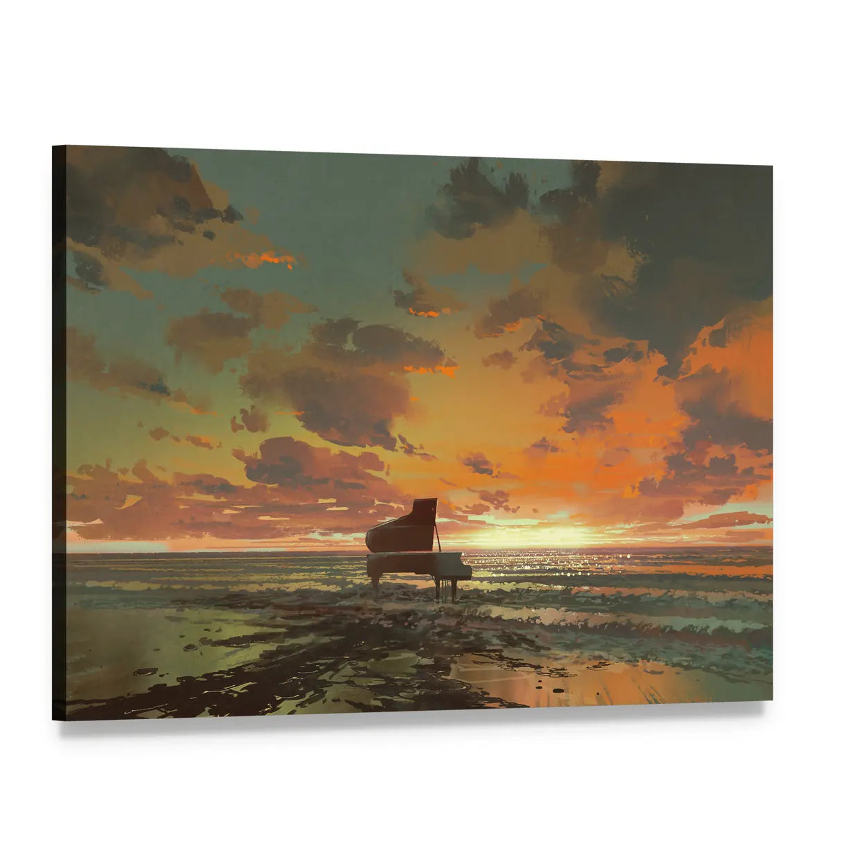 Surreal Piano on Sunset Beach Canvas Wall Art, single panel gallery wrapped canvas, angled product view