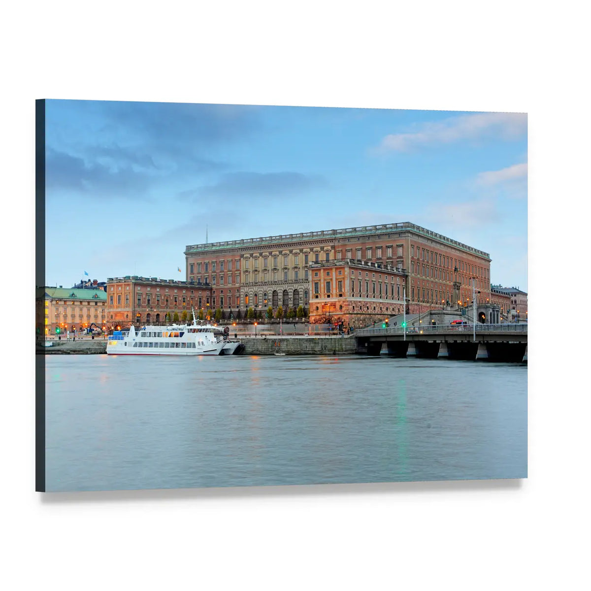 Stockholm Palace on Waterfront Canvas Wall Art, single panel gallery wrapped canvas, angled product view