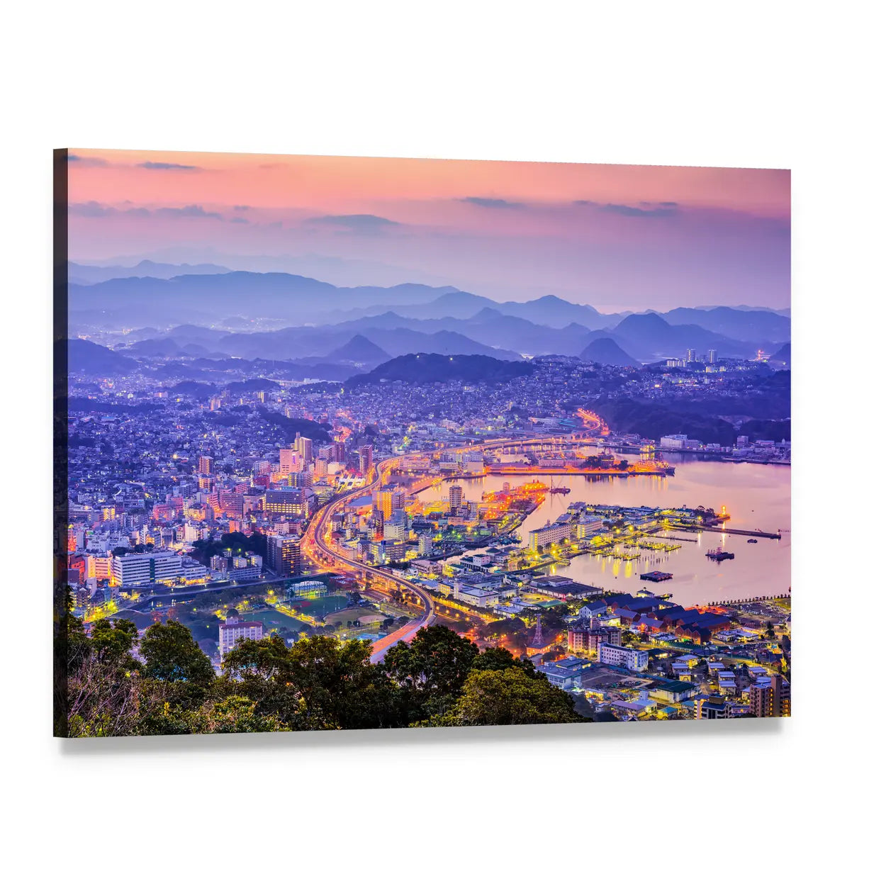 Sasebo Downtown Skyline In Nagasaki Japan Canvas Wall Art, single panel gallery wrapped canvas, angled product view