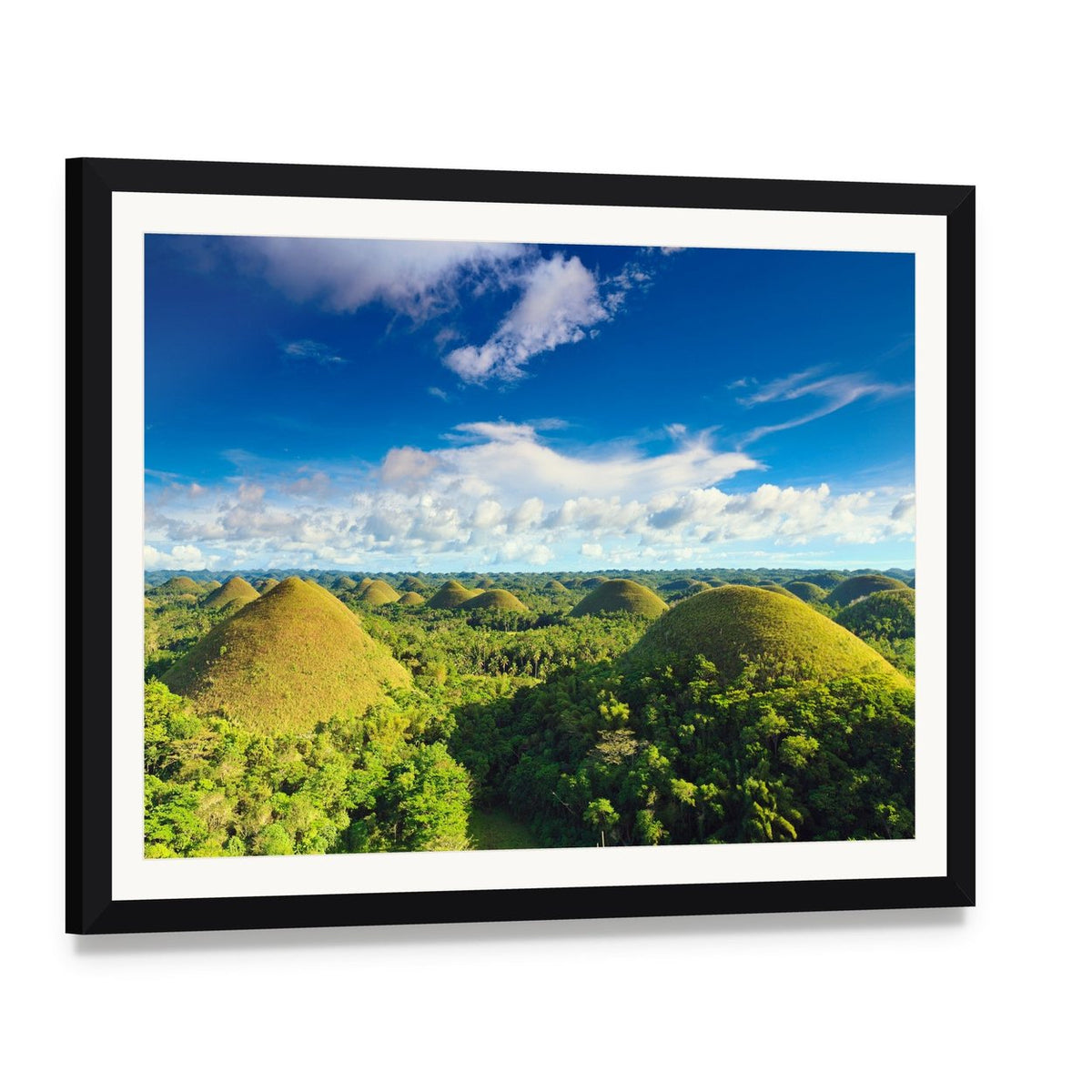 View of Chocolate Hills Bohol Canvas Wall Art, framed print with white mat and black frame, angled product view