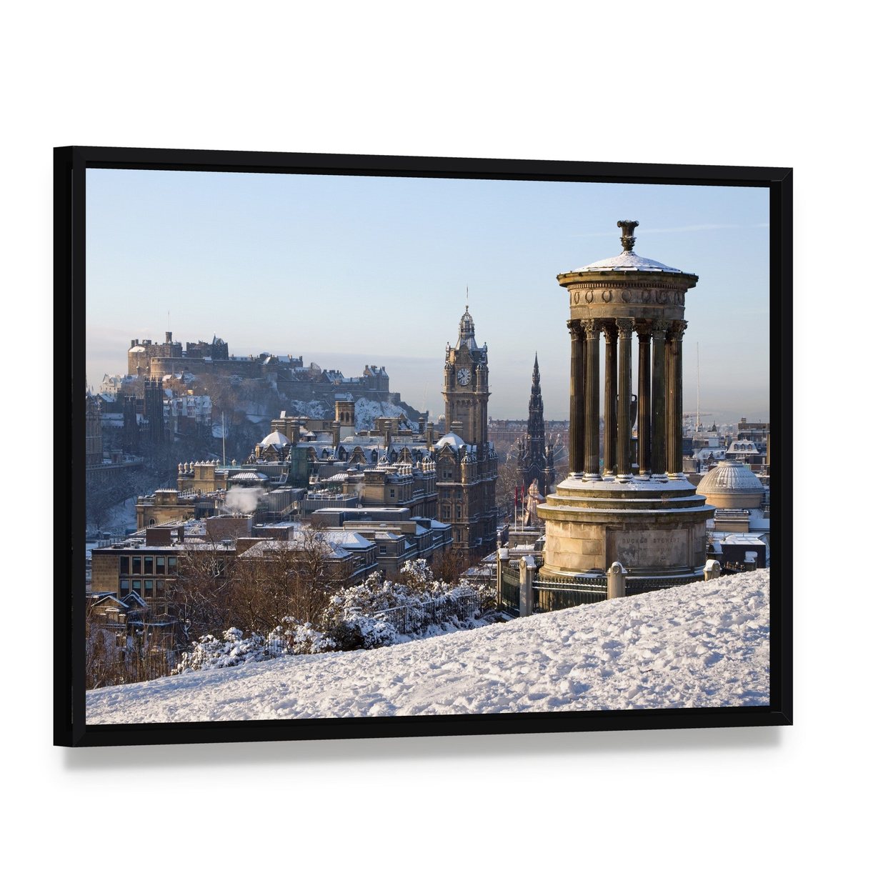Snowy Edinburgh Cityscape with Monuments Canvas Wall Art, framed canvas in a black floater frame, angled product view