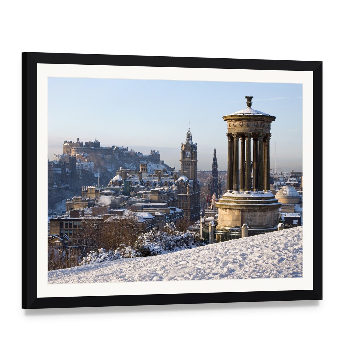 Snowy Edinburgh Cityscape with Monuments Canvas Wall Art, framed print with white mat and black frame, angled product view