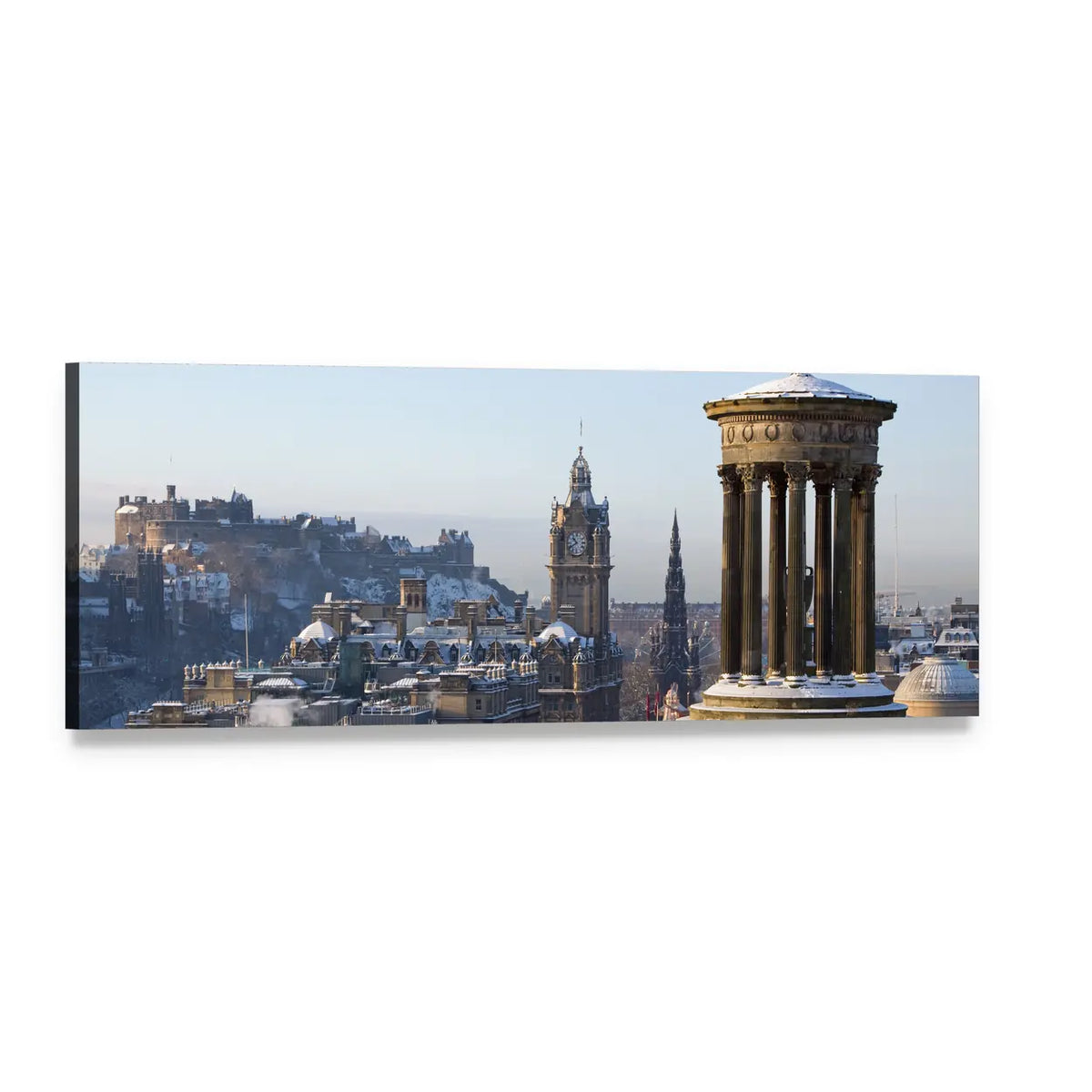 Edinburgh Skyline with Castle and Dugald Stewart Monument Panoramic Canvas Wall Art, single panel gallery wrapped canvas, angled product view