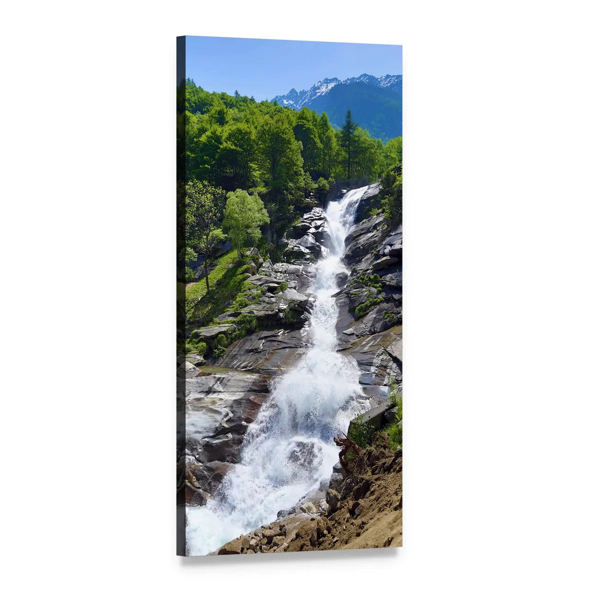 Snow-capped Mountain Stream and Waterfall Vertical Canvas Wall Art, 1 panel 1 Vertical layout gallery wrapped canvas set, angled product view