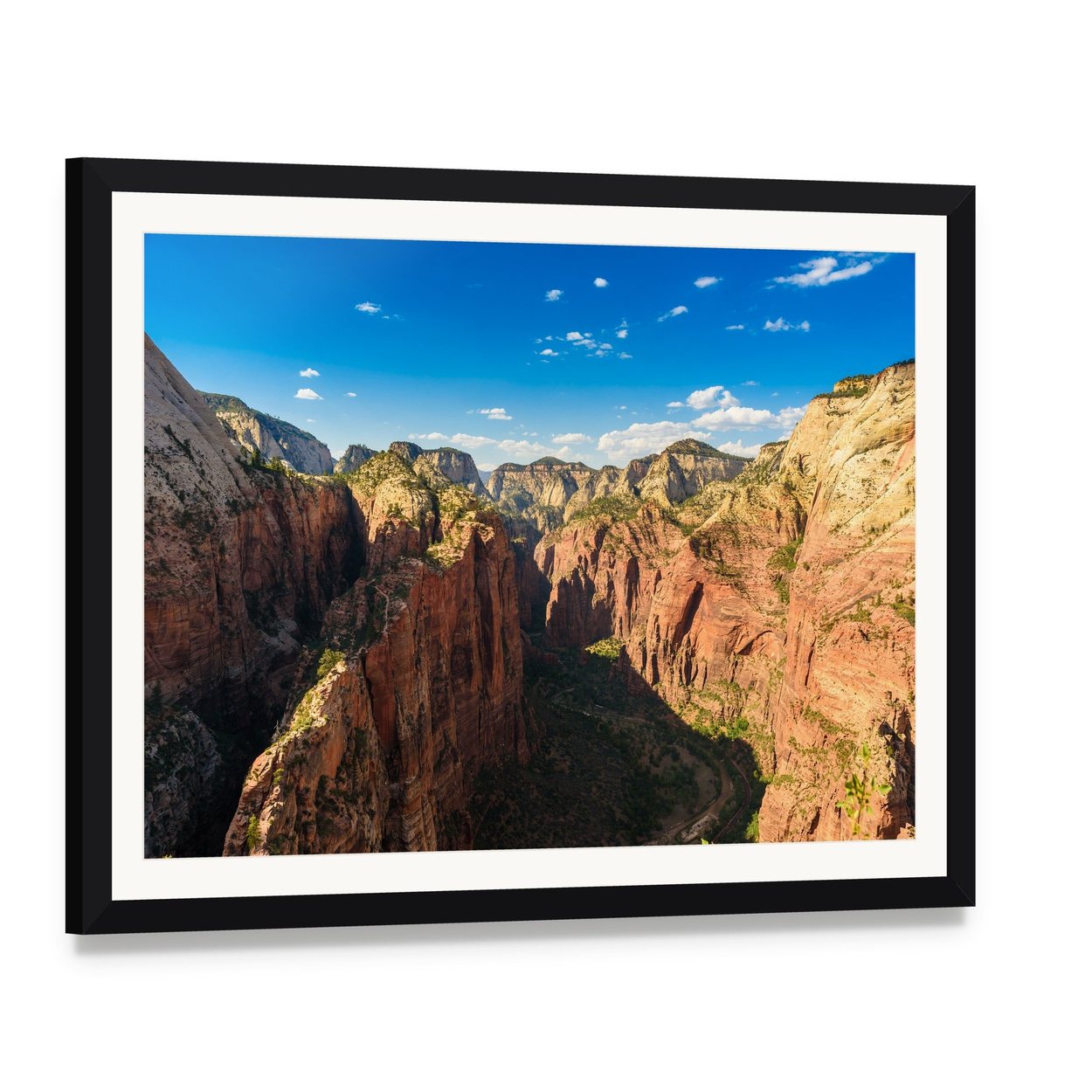 Ridge Walk in Zion National Park Canvas Wall Art, framed print with white mat and black frame, angled product view