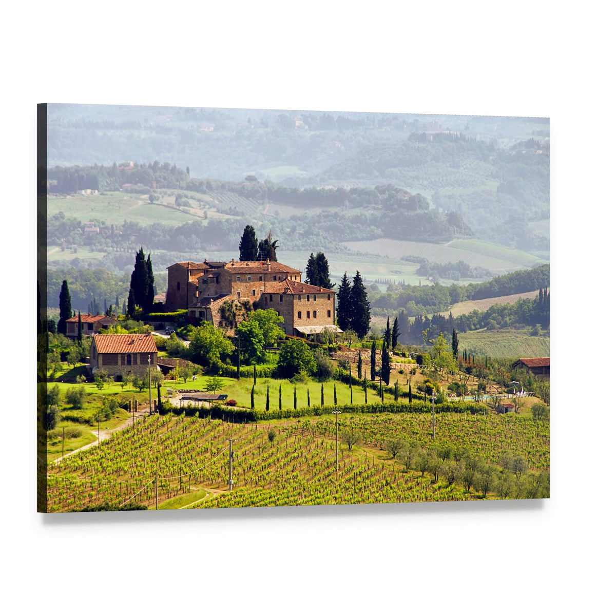 Tuscan Vineyard View Canvas Wall Art, single panel gallery wrapped canvas, angled product view