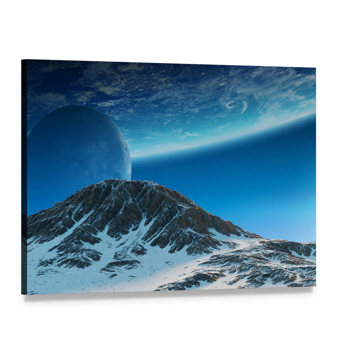 Exoplanet Moon Over Snow-capped Mountain Canvas Wall Art, single panel gallery wrapped canvas, angled product view