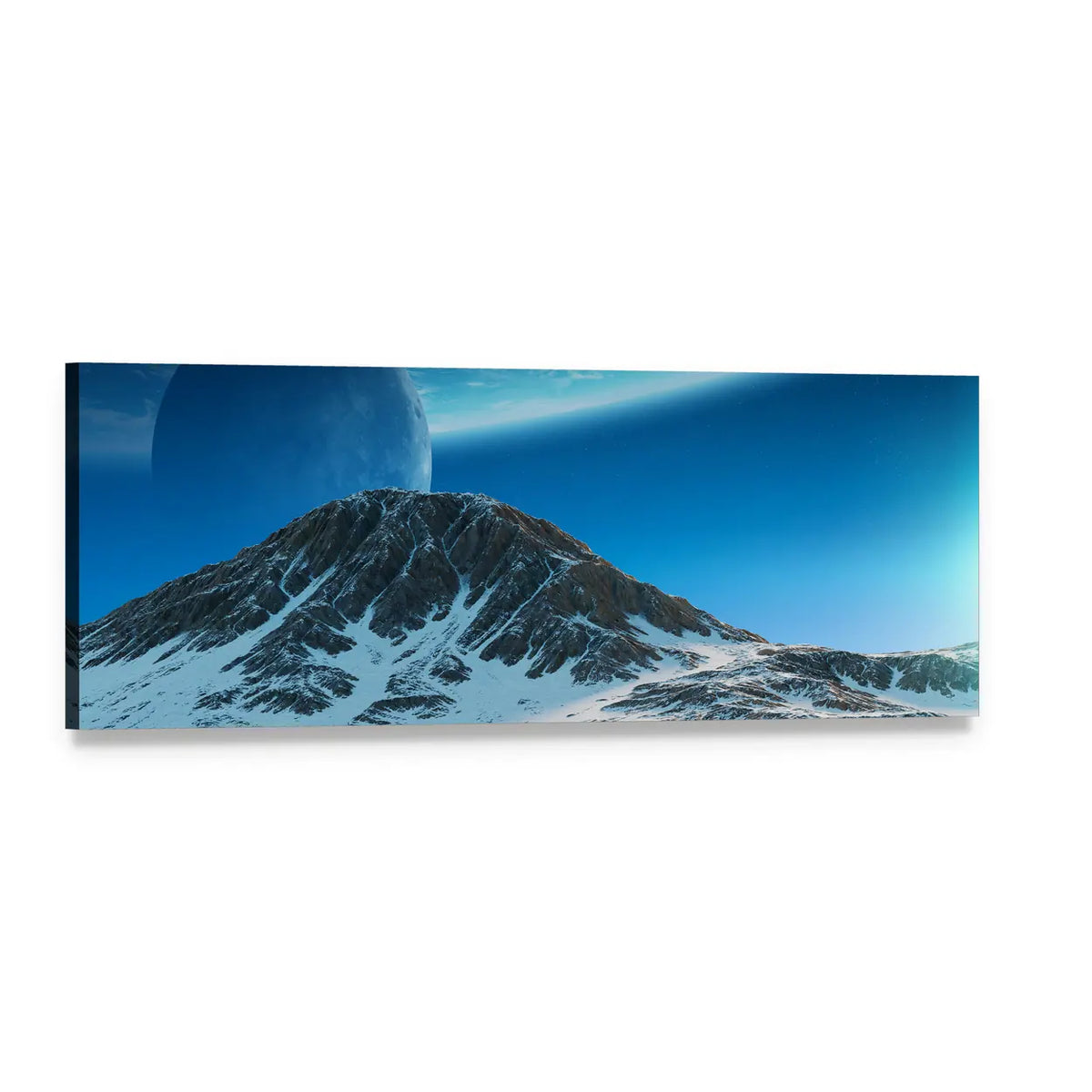 Blue Planet Above Snow-capped Mountains Panoramic Canvas Wall Art, single panel gallery wrapped canvas, angled product view