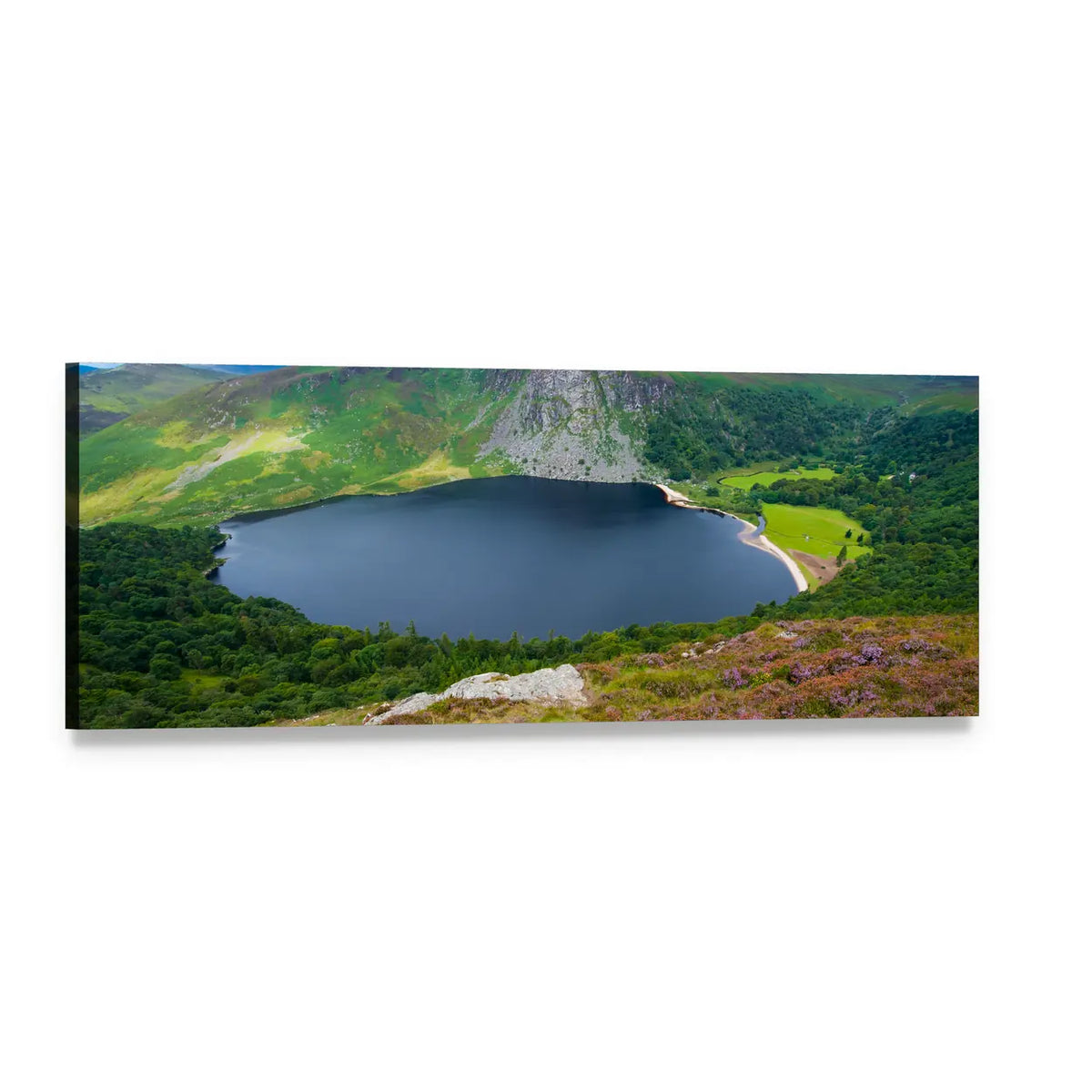 Lough Tay Lake, Ireland — Heather and Granite Cliffs Panoramic Canvas Wall Art, single panel gallery wrapped canvas, angled product view