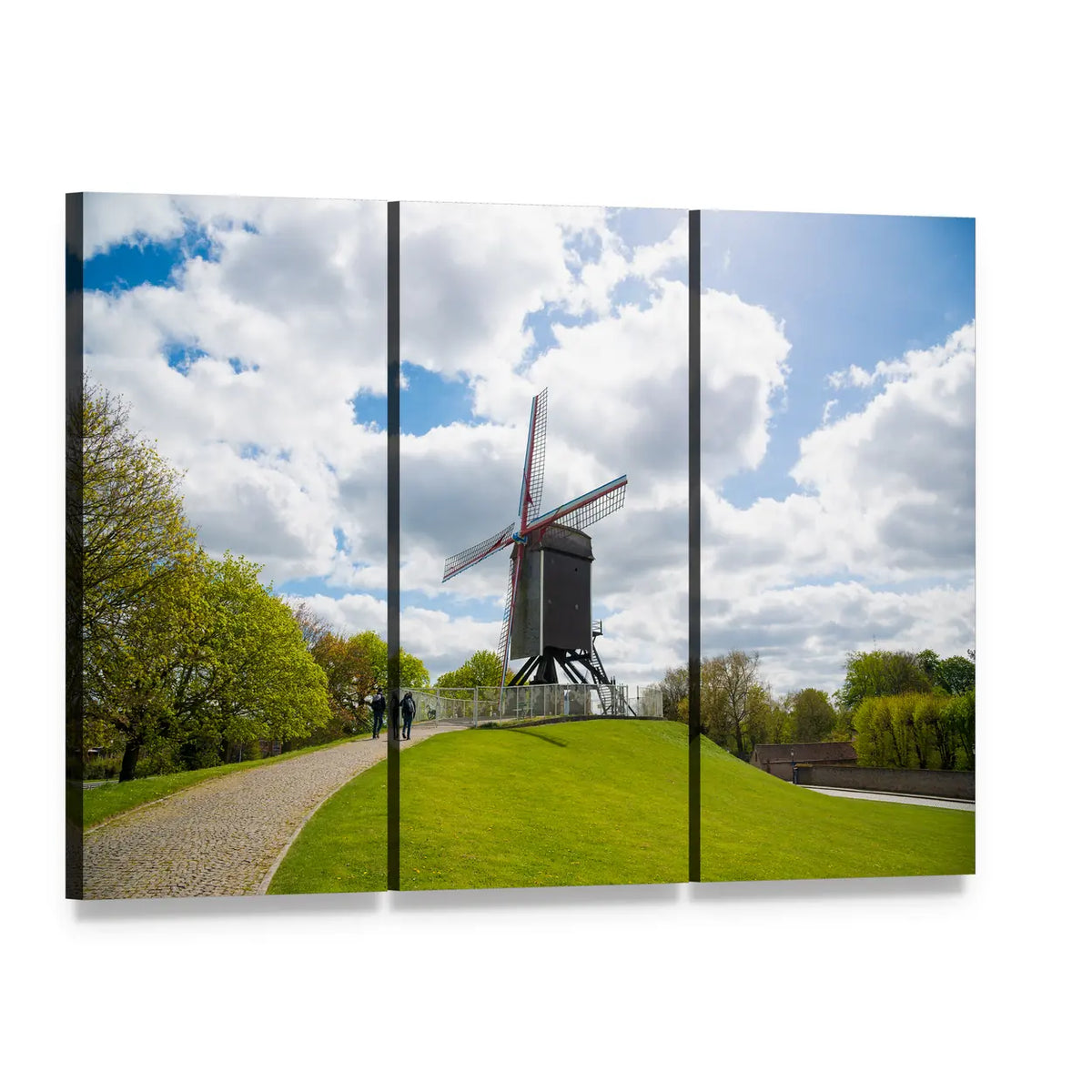 Traditional Wooden Windmill in Bruges Canvas Wall Art, 3 panel 3 Horizontal layout gallery wrapped canvas set, angled product view