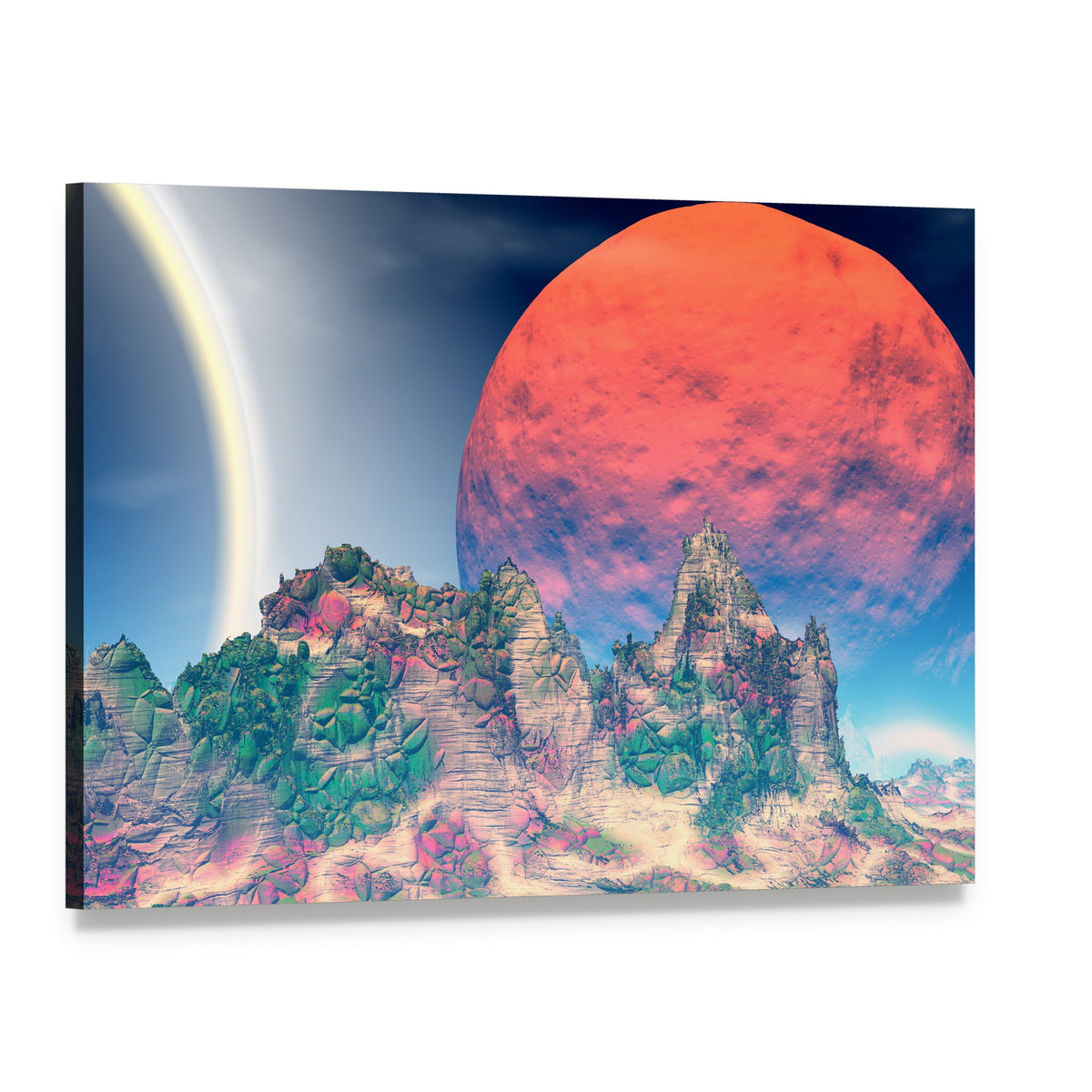 Alien World with Ringed Red Planet Canvas Wall Art, single panel gallery wrapped canvas, angled product view