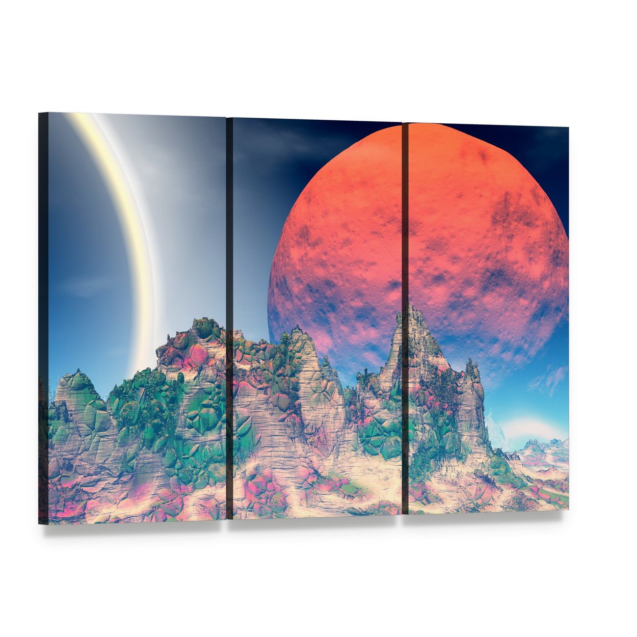 Alien World with Ringed Red Planet Canvas Wall Art, 3 panel 3 Horizontal layout gallery wrapped canvas set, angled product view