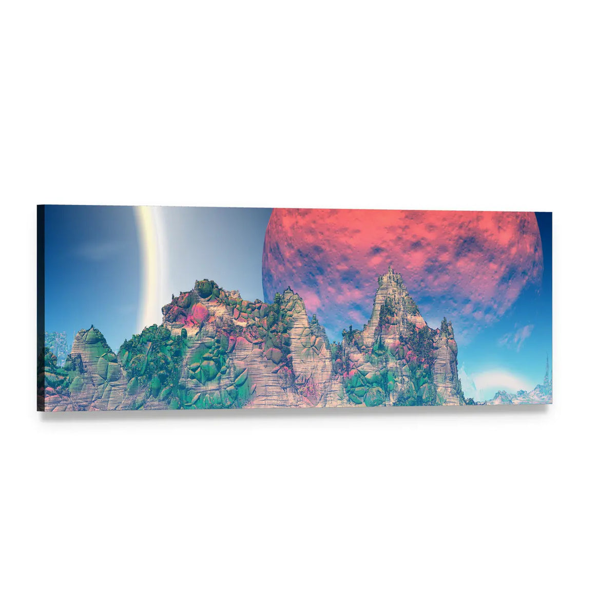 Fantasy Alien Planet Landscape Panoramic Canvas Wall Art, single panel gallery wrapped canvas, angled product view