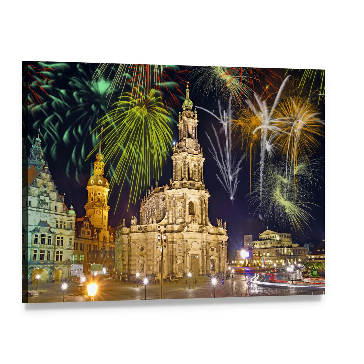 Dresden Fireworks Over Church Skyline Canvas Wall Art, single panel gallery wrapped canvas, angled product view
