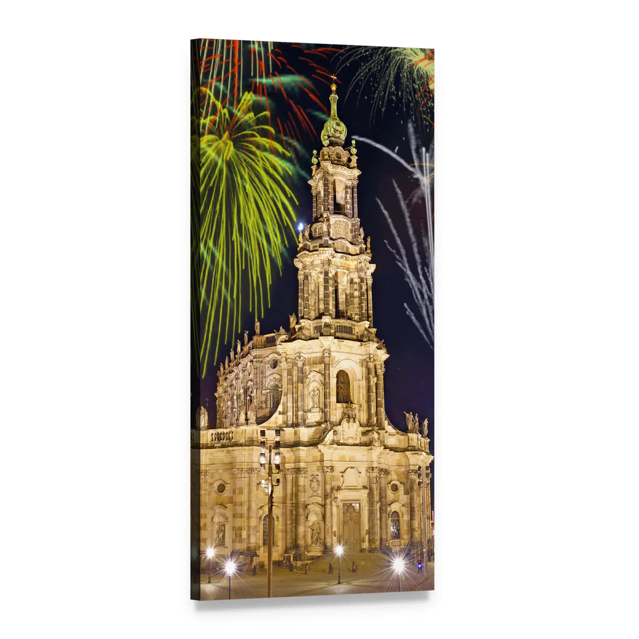 Dresden Fireworks Over Baroque Cathedral Vertical Canvas Wall Art, 1 panel 1 Vertical layout gallery wrapped canvas set, angled product view