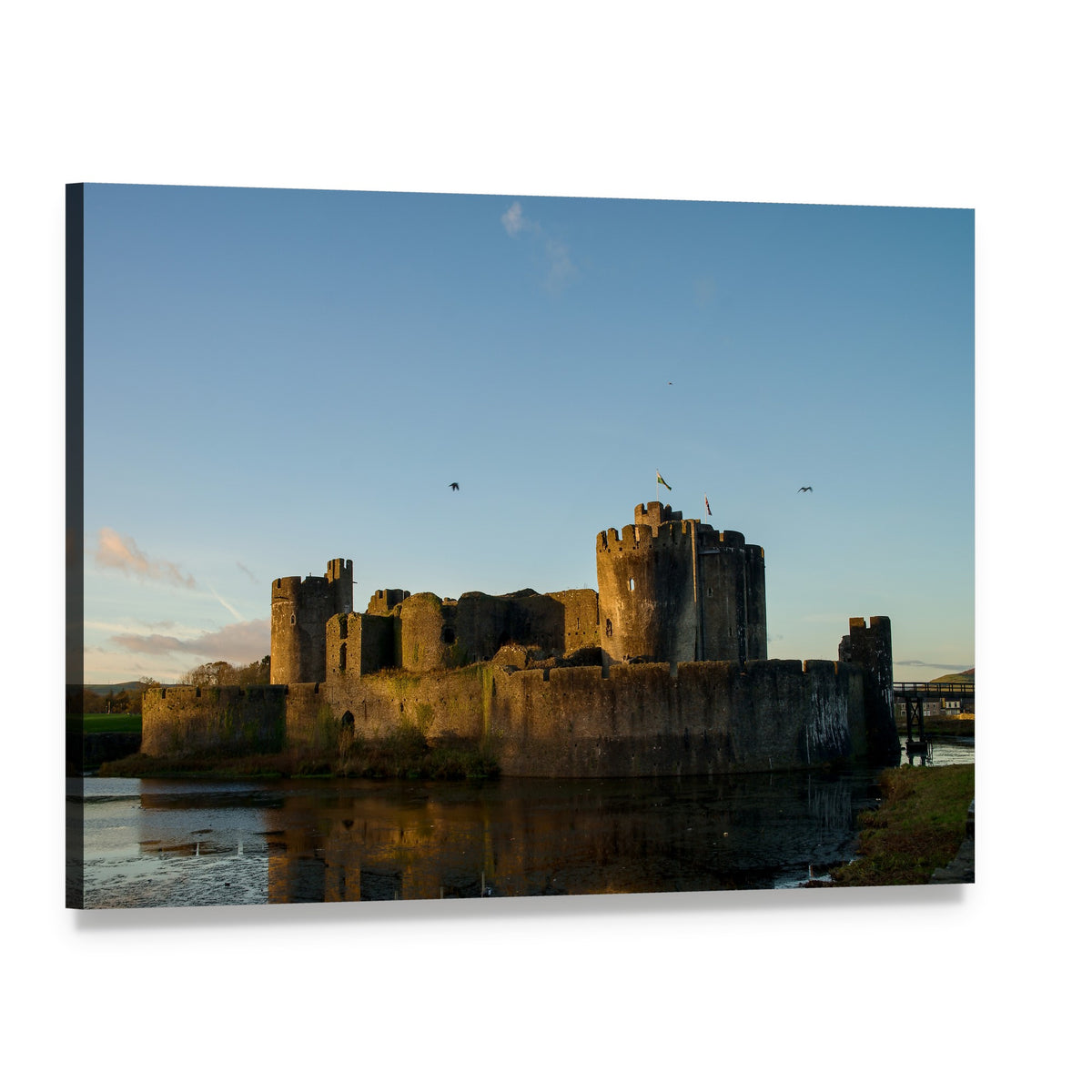 Carphilly Castle with Moat and Birds Canvas Wall Art, single panel gallery wrapped canvas, angled product view