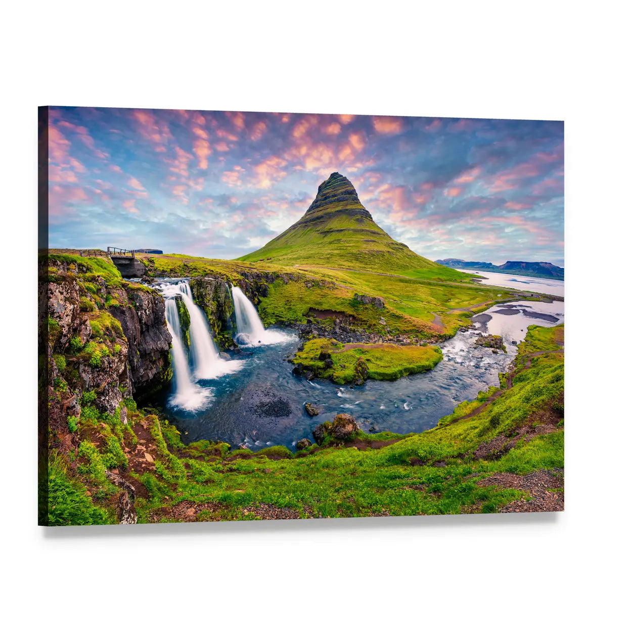Kirkjufellsfoss Waterfall at Sunset Canvas Wall Art, single panel gallery wrapped canvas, angled product view