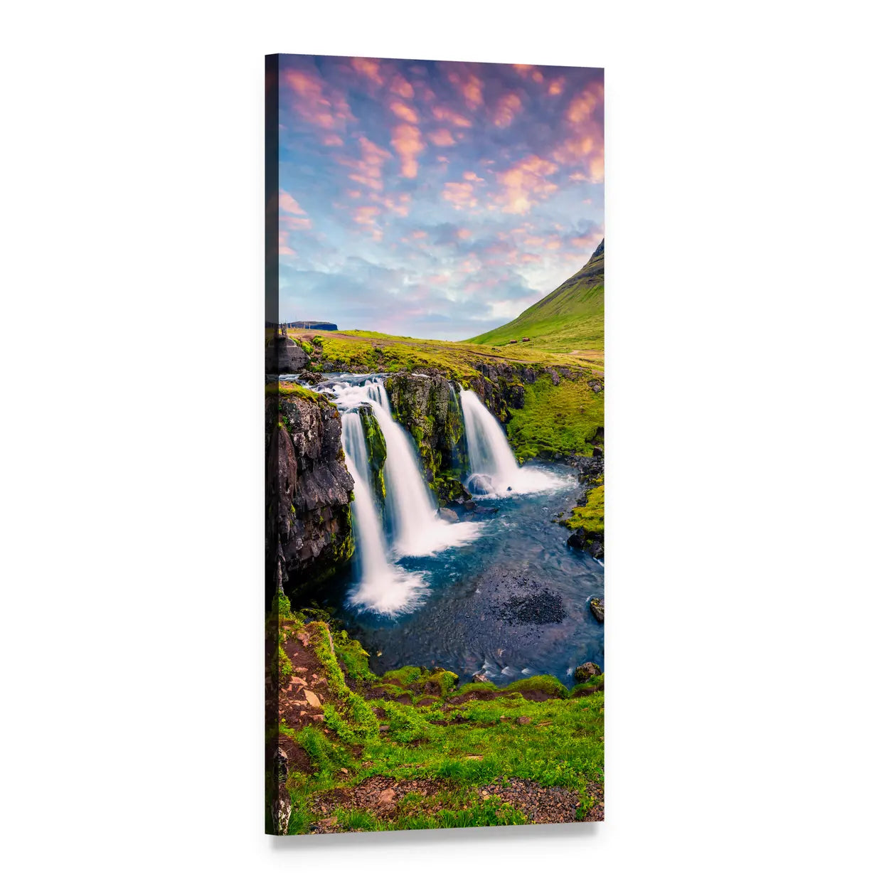 Kirkjufellsfoss Waterfall Vertical Canvas Wall Art, 1 panel 1 Vertical layout gallery wrapped canvas set, angled product view