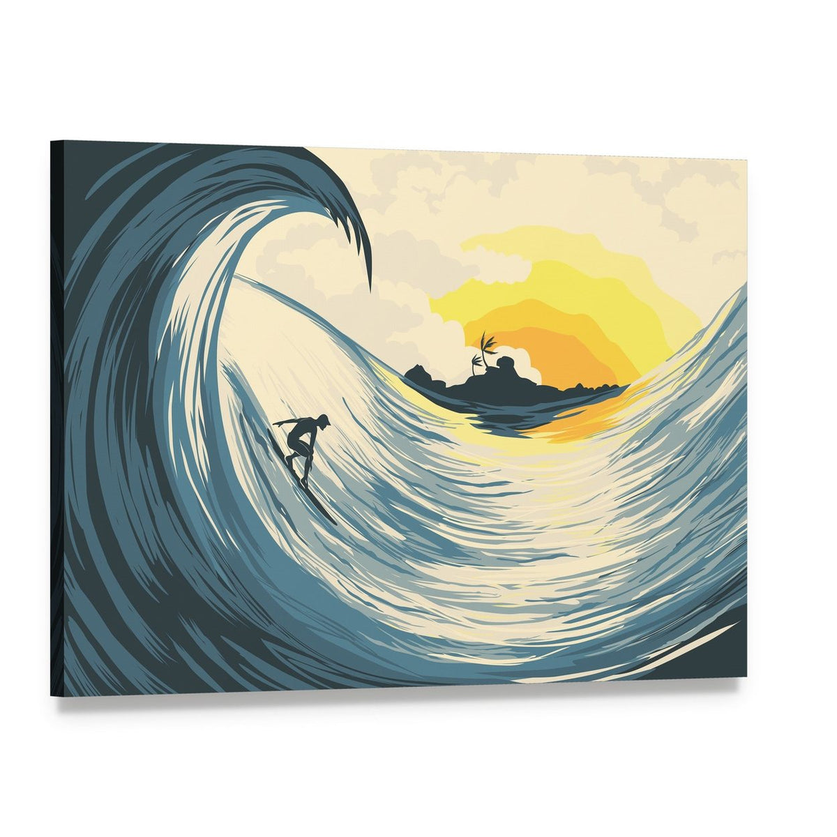 Tropical Island Wave and Surfer at Sunset Canvas Wall Art, single panel gallery wrapped canvas, angled product view