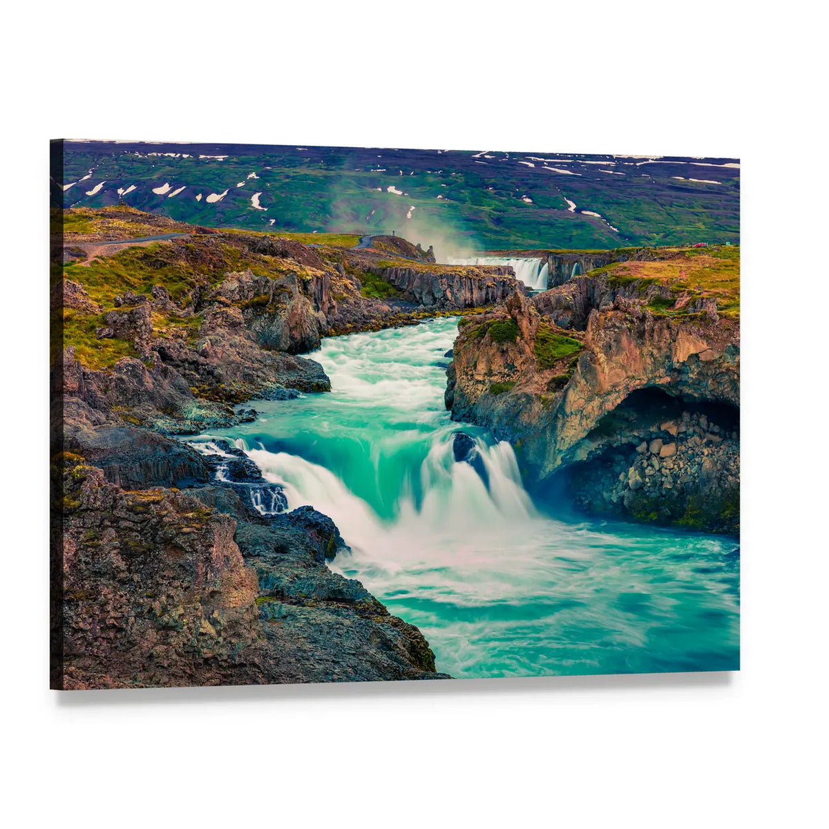 Summer Morning at Godafoss Waterfall Canvas Wall Art, single panel gallery wrapped canvas, angled product view