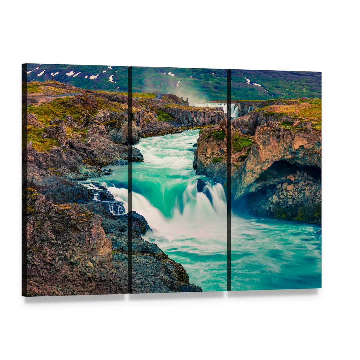 Summer Morning Waterfall Scene Canvas Wall Art, 3 panel 3 Horizontal layout gallery wrapped canvas set, angled product view