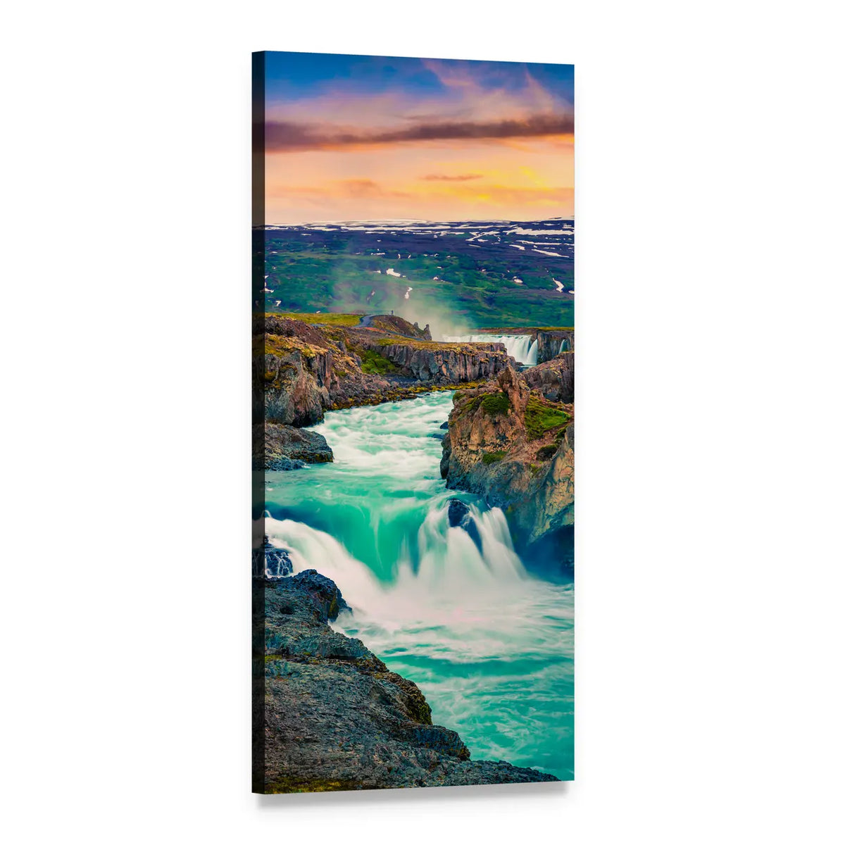 Godafoss Waterfall at Sunset Vertical Canvas Wall Art, 1 panel 1 Vertical layout gallery wrapped canvas set, angled product view