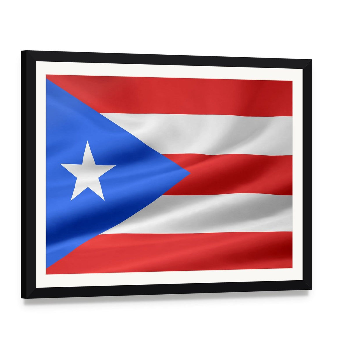 Flag of Puerto Rico Canvas Wall Art, framed print with white mat and black frame, angled product view