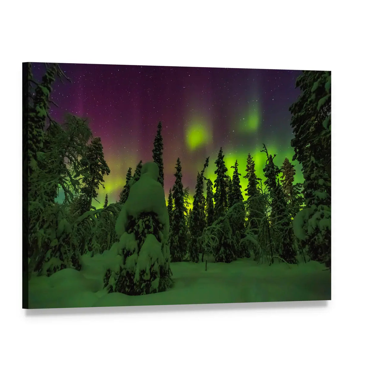 Lapland Northern Lights Over Snowy Forest Canvas Wall Art, single panel gallery wrapped canvas, angled product view