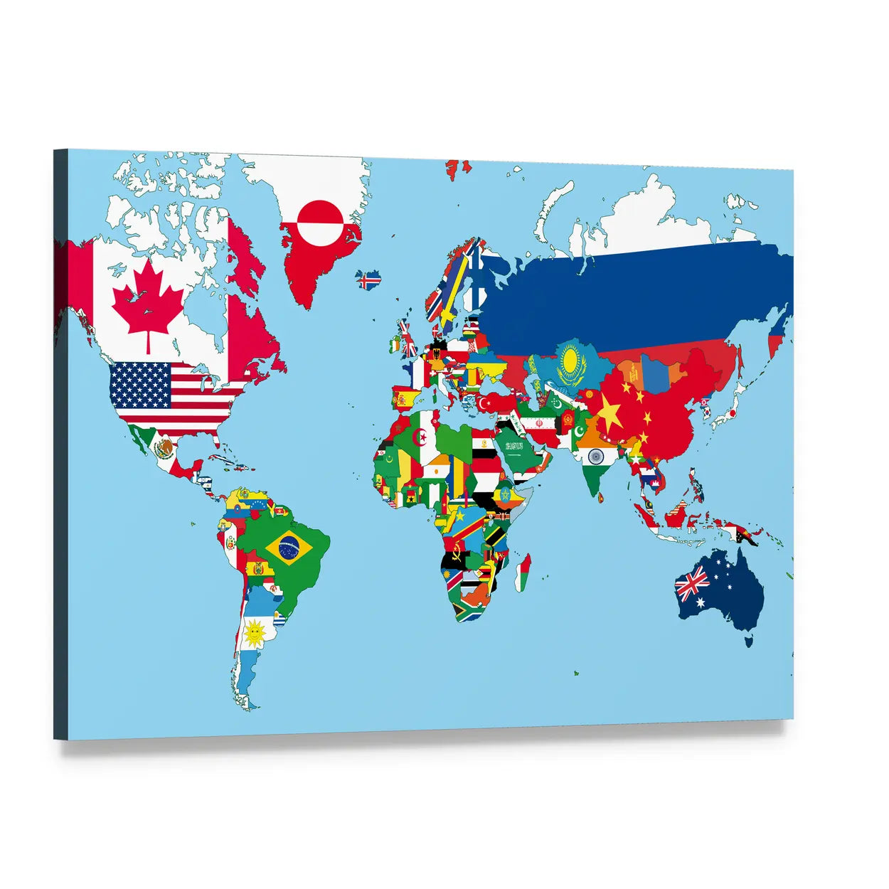 World Map with National Flags Canvas Wall Art, single panel gallery wrapped canvas, angled product view