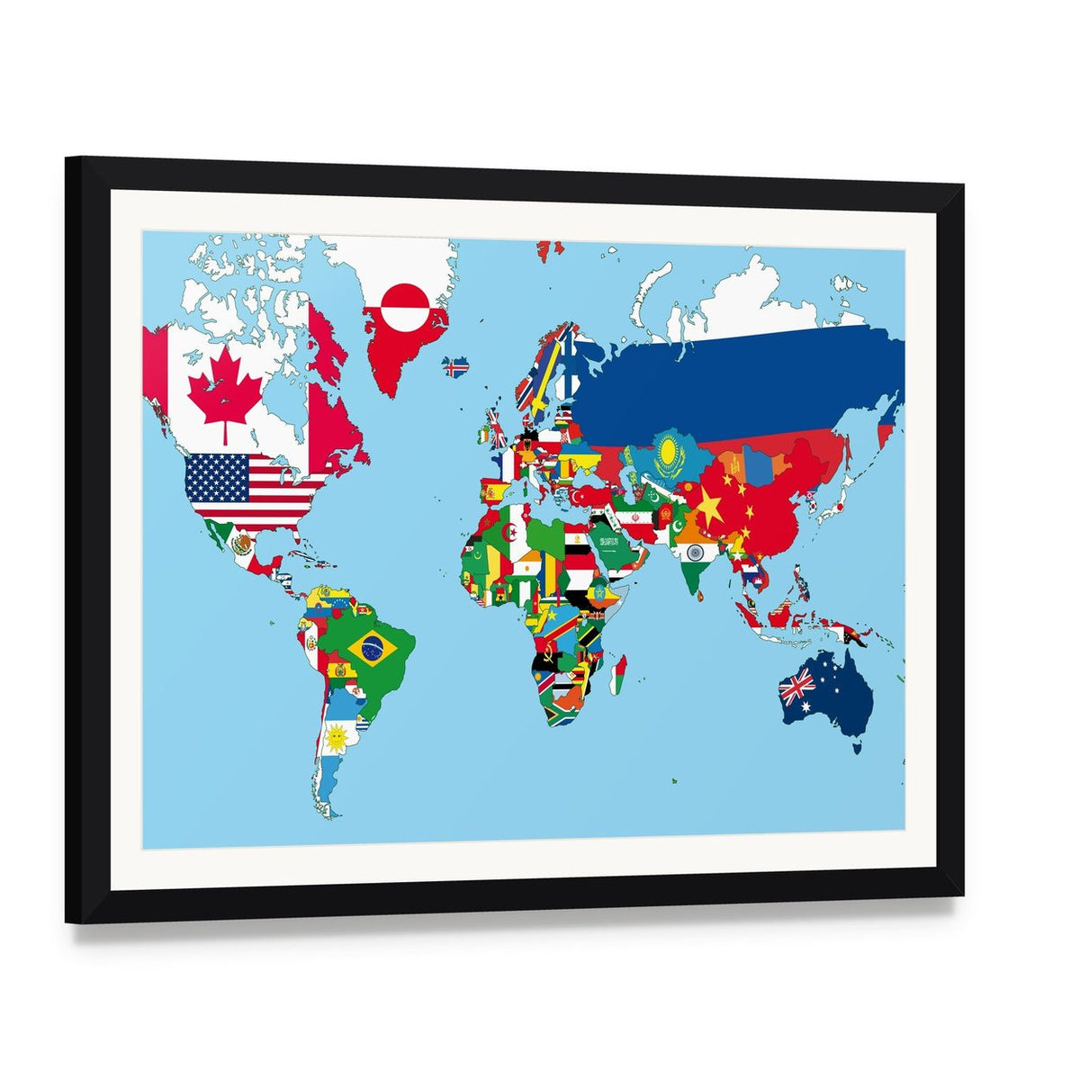 World Map with All States and Their Flags Canvas Wall Art, framed print with white mat and black frame, angled product view
