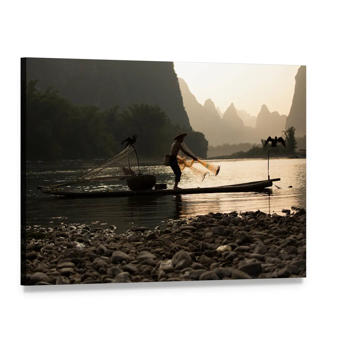 Chinese Fisherman Casting Net at Sunrise Canvas Wall Art, single panel gallery wrapped canvas, angled product view