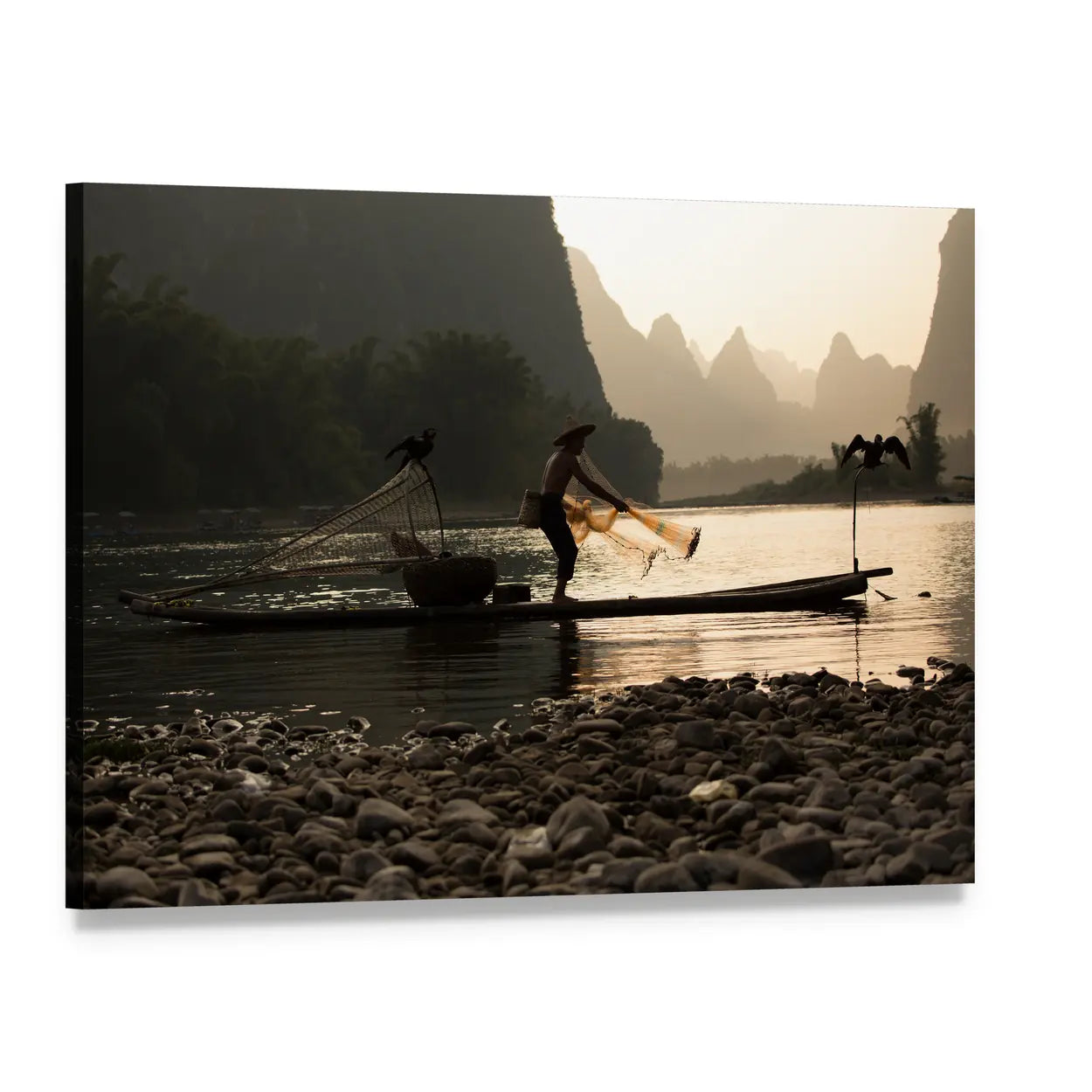 Chinese Fisherman Casting Net at Sunrise Canvas Wall Art, single panel gallery wrapped canvas, angled product view