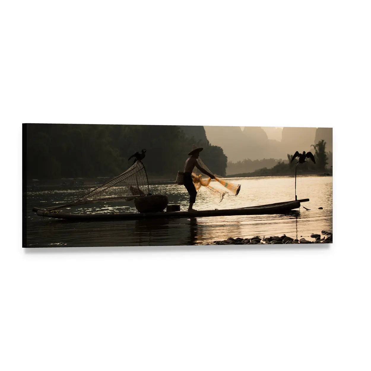 Guilin Fisherman with Cormorants at Dusk Panoramic Canvas Wall Art, single panel gallery wrapped canvas, angled product view