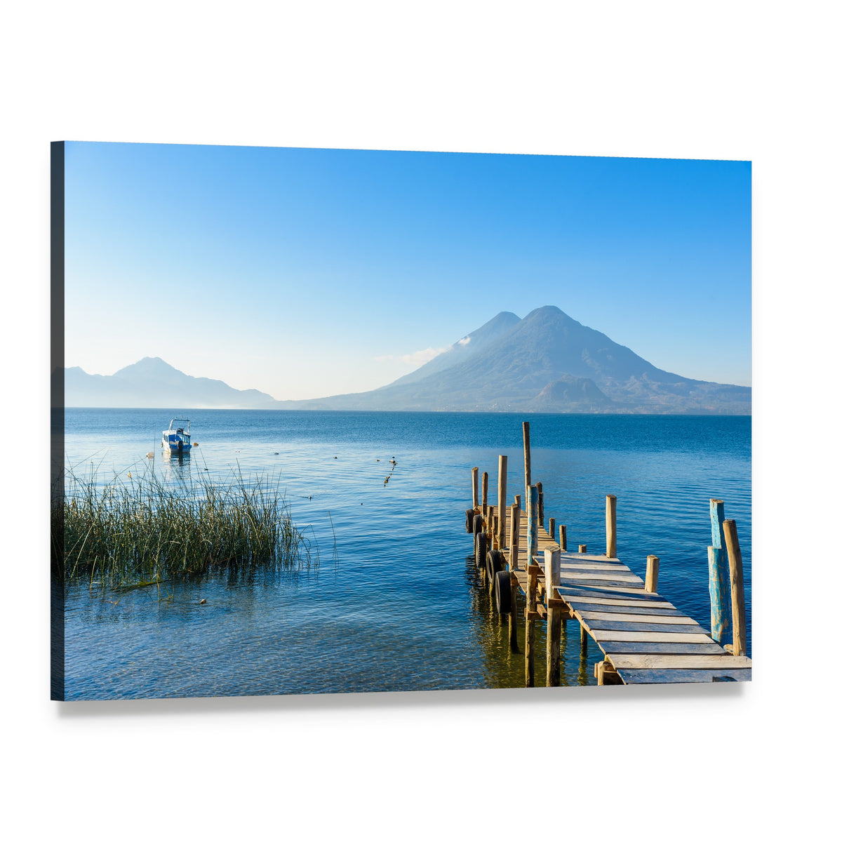 Wooden Pier by Mountain Lake Canvas Wall Art, single panel gallery wrapped canvas, angled product view