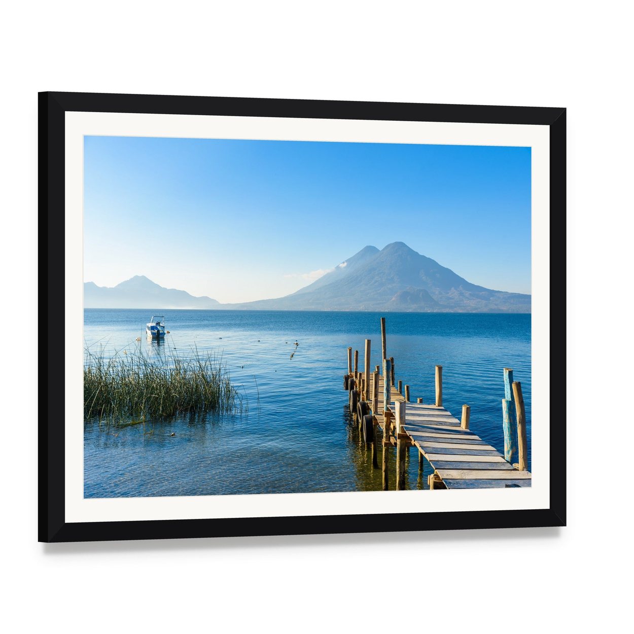 Wooden Pier by Mountain Lake Canvas Wall Art, framed print with white mat and black frame, angled product view