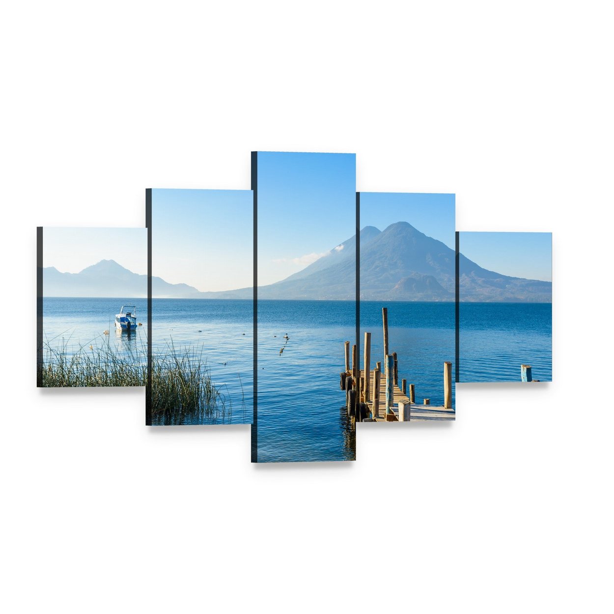 Wooden Pier by Mountain Lake Canvas Wall Art, 5 panel 5 Star layout gallery wrapped canvas set, angled product view
