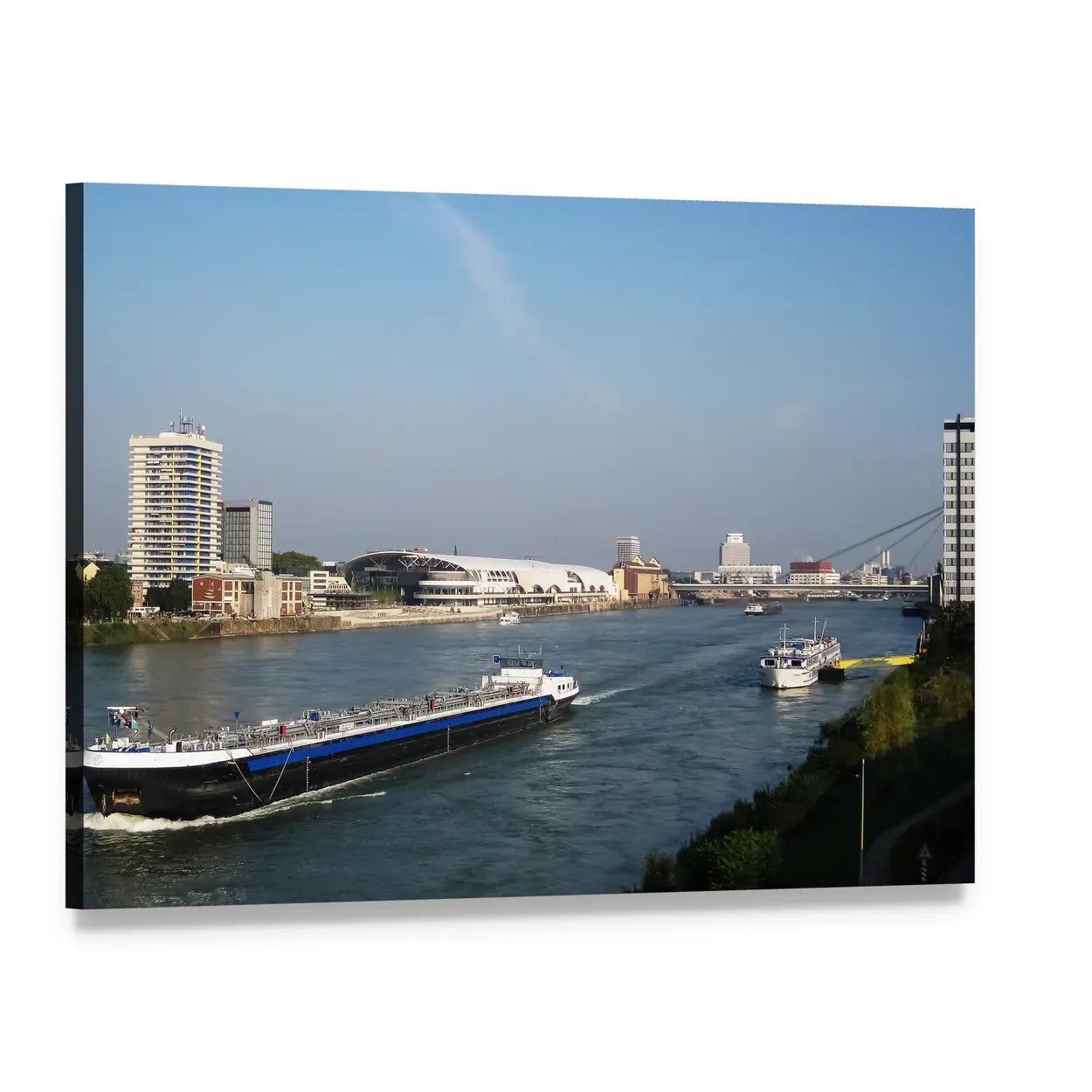 Cargo and Cruise Ships by River Skyline Canvas Wall Art, single panel gallery wrapped canvas, angled product view