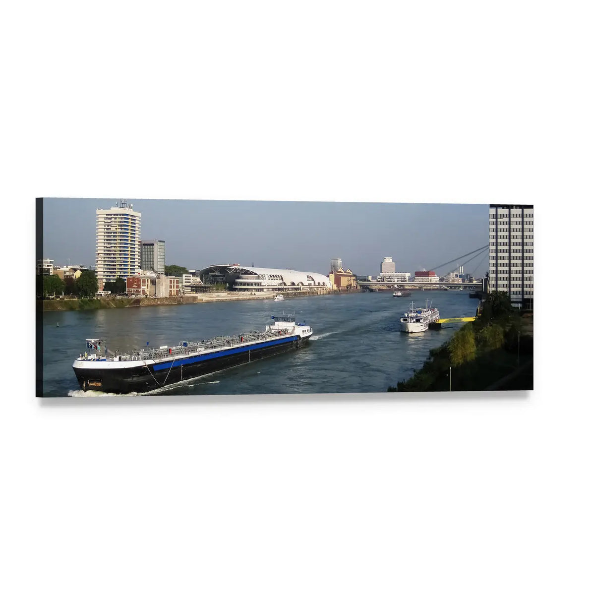 Cargo Barge and Tour Boat on River Panoramic Canvas Wall Art, single panel gallery wrapped canvas, angled product view
