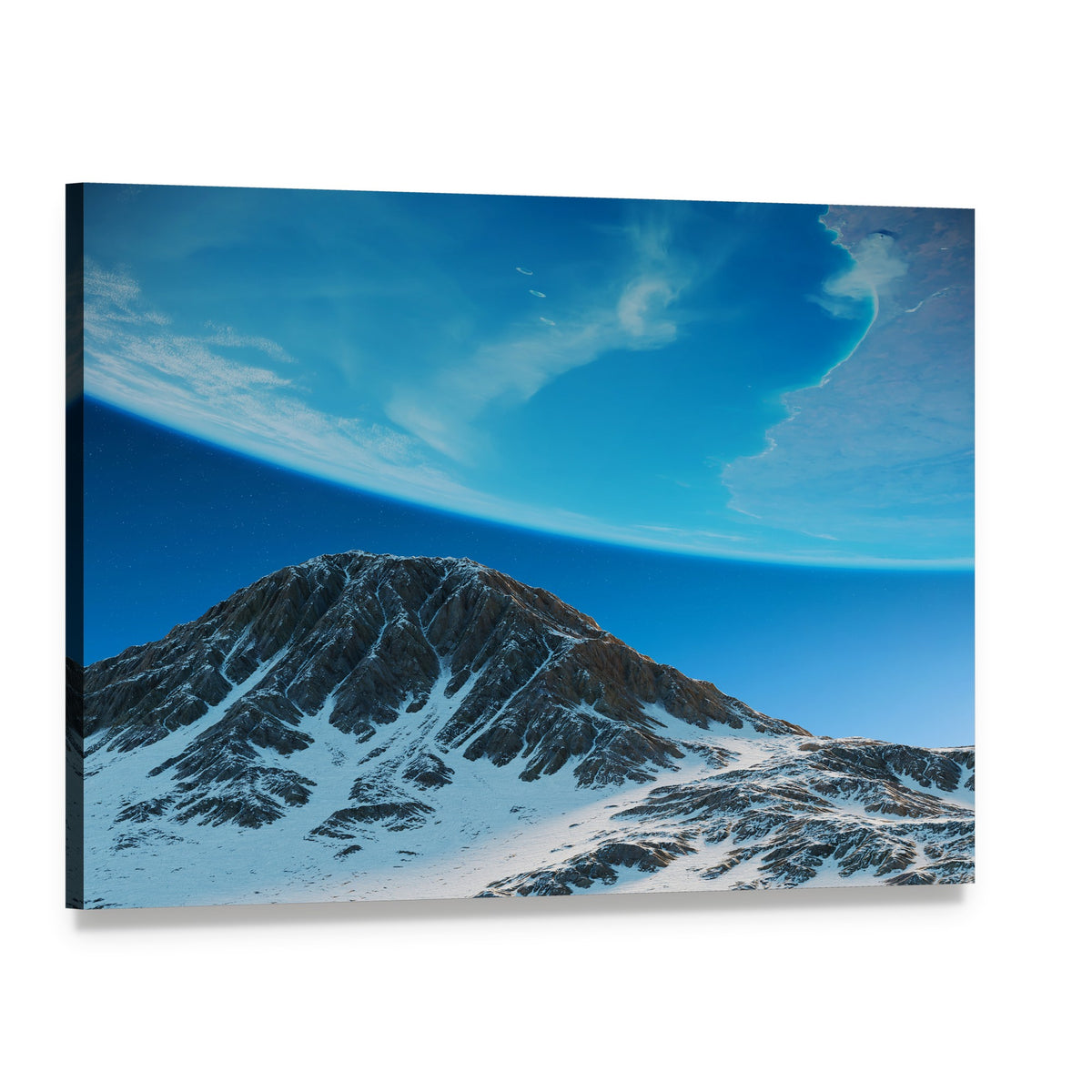 Exoplanets Over Snow-capped Mountains Canvas Wall Art, single panel gallery wrapped canvas, angled product view