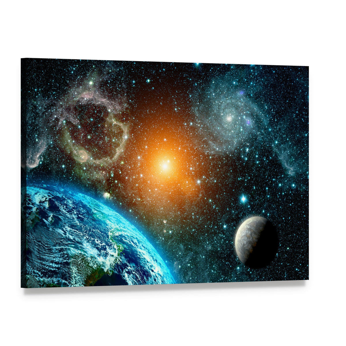 Earth with Crescent Moon and Nebula Canvas Wall Art, single panel gallery wrapped canvas, angled product view