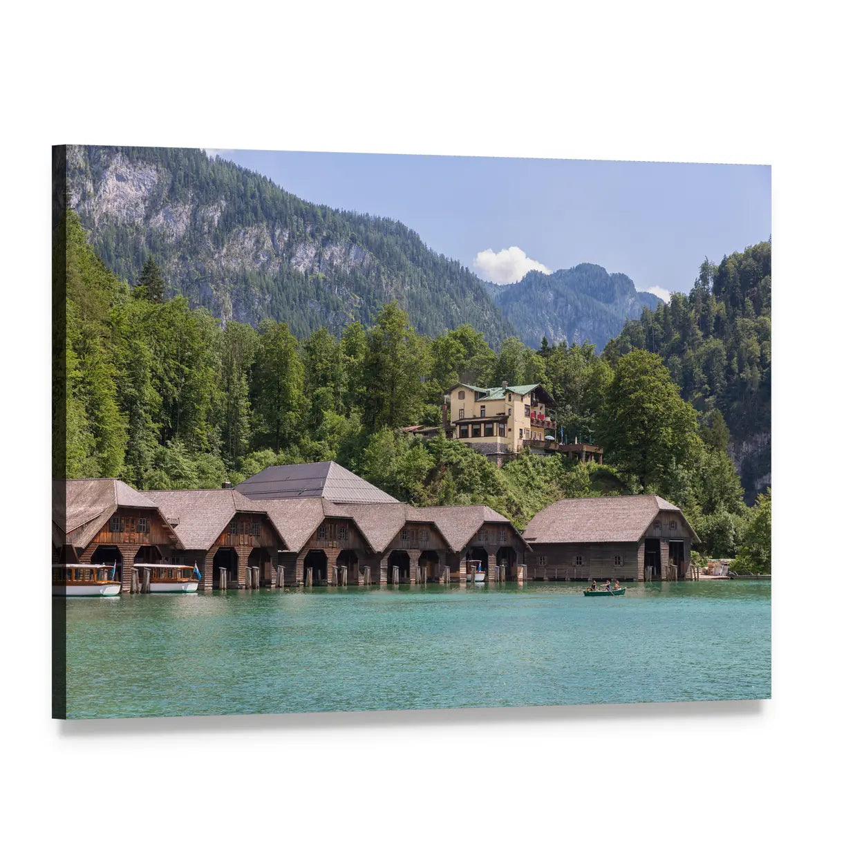 Boathouses at Konigssee Canvas Wall Art, single panel gallery wrapped canvas, angled product view