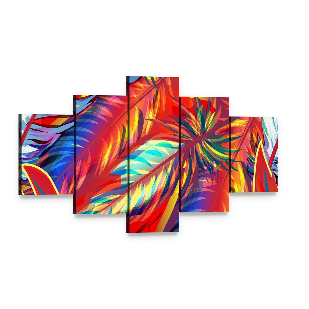 Exotic Feathers and Tropical Leaves Canvas Wall Art, 5 panel 5 Star layout gallery wrapped canvas set, angled product view